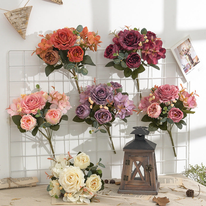 30 cm Künstlicher Pfingstrosen-Brautstrauß Hochzeits-Blumenbusch mit Hortensien