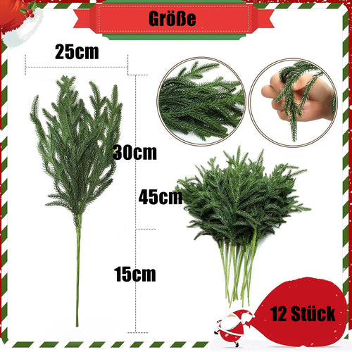 12 Stück realistische Weihnachts-Tannenzweige, natürlich hängend, weich undbiegsam, künstliche Tannenzweige