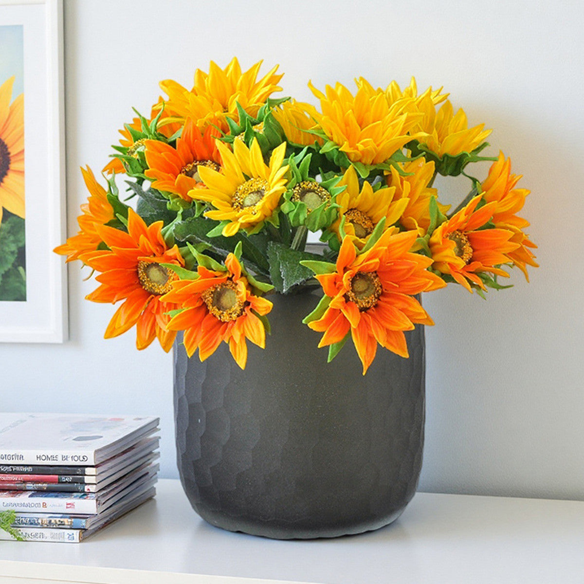 Real-Touch Künstliche Sonnenblumen – 5 Stück Set mit Knospe, 33 cm, als Tischdeko für Hochzeit & Herbst, wasserabweisend & UV-beständig