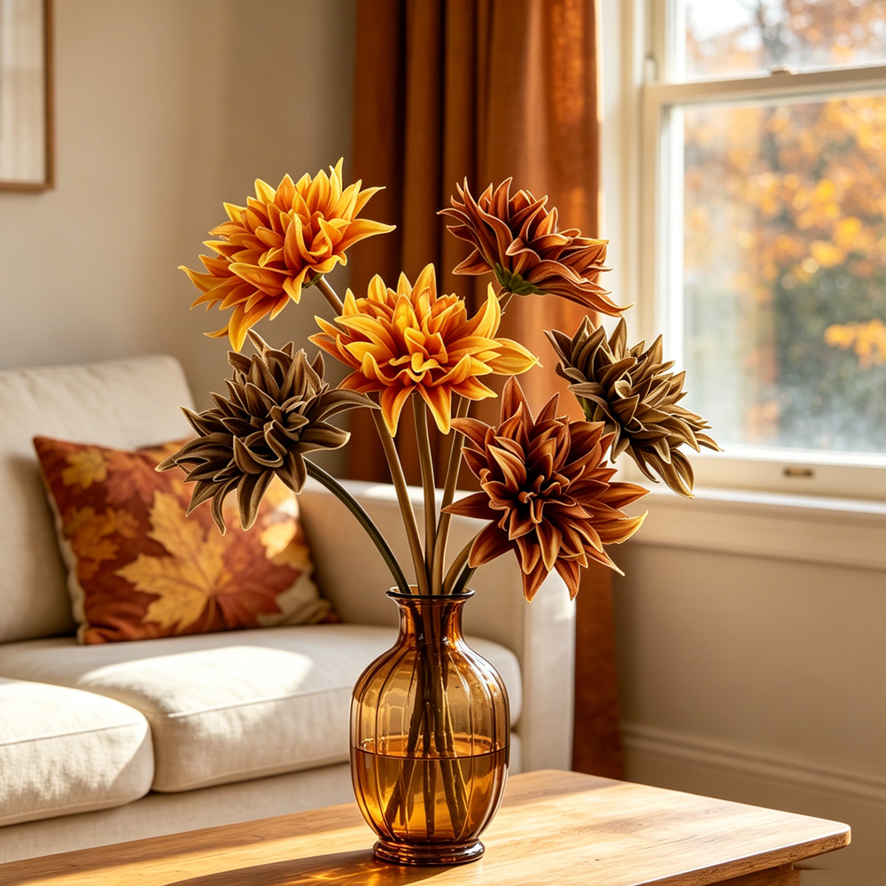 Künstliche Dahlie 37 cm, Hochwertige Stielblume in Vintage Herbstfarben, Täuschend Echte Kunstblume für Vase, Deko, Hochzeit & Gestecke