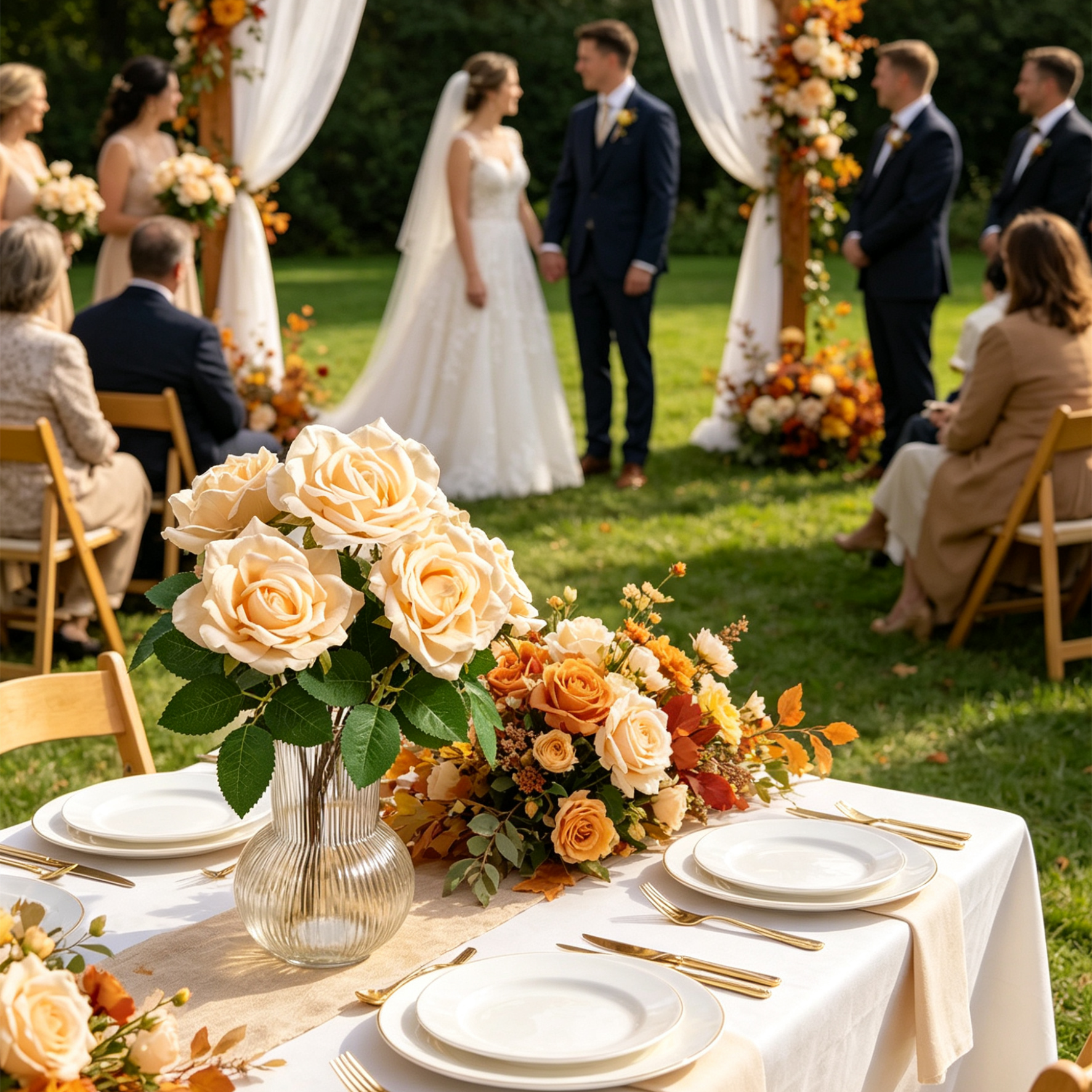 Künstlicher Rosenstrauß 35cm, Cremefarbene Seidenrosen, Hochwertige Kunstblumen für Vase, Hochzeitsdeko & Wohnkultur im Landhausstil