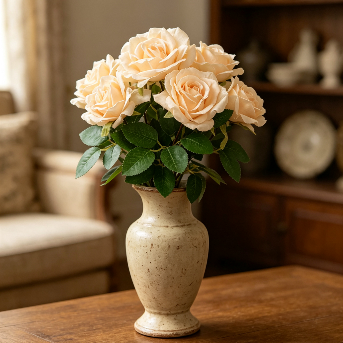 Künstlicher Rosenstrauß 35cm, Cremefarbene Seidenrosen, Hochwertige Kunstblumen für Vase, Hochzeitsdeko & Wohnkultur im Landhausstil