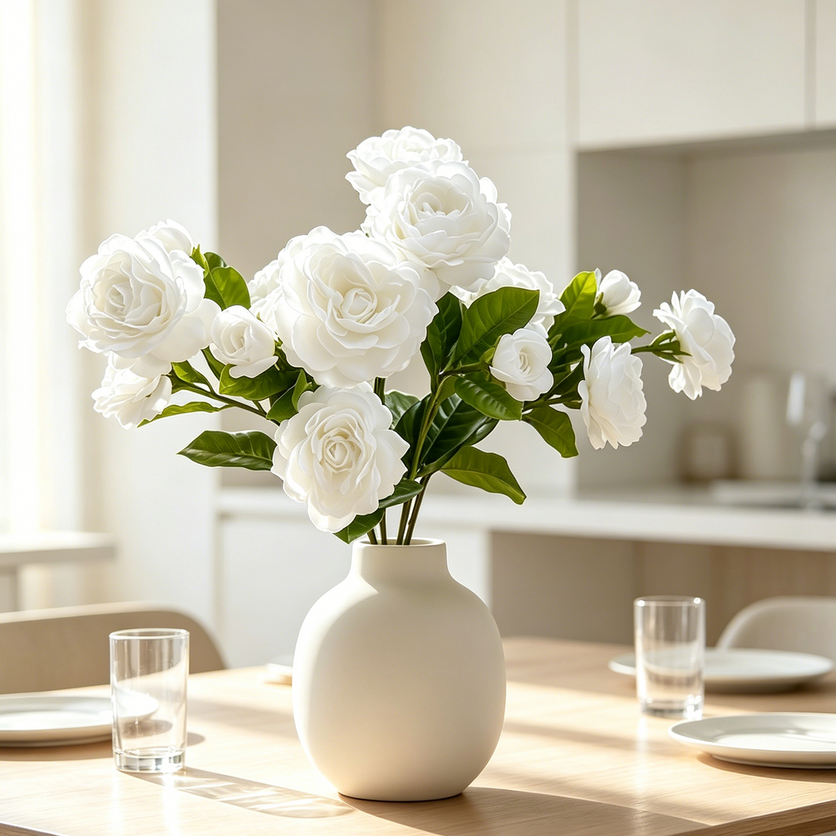 Real Touch Weiße Gardenie Kunstblume, 56 cm Hoch, 2 Blüten, Perfekt für Hochzeit und Taufe Deko