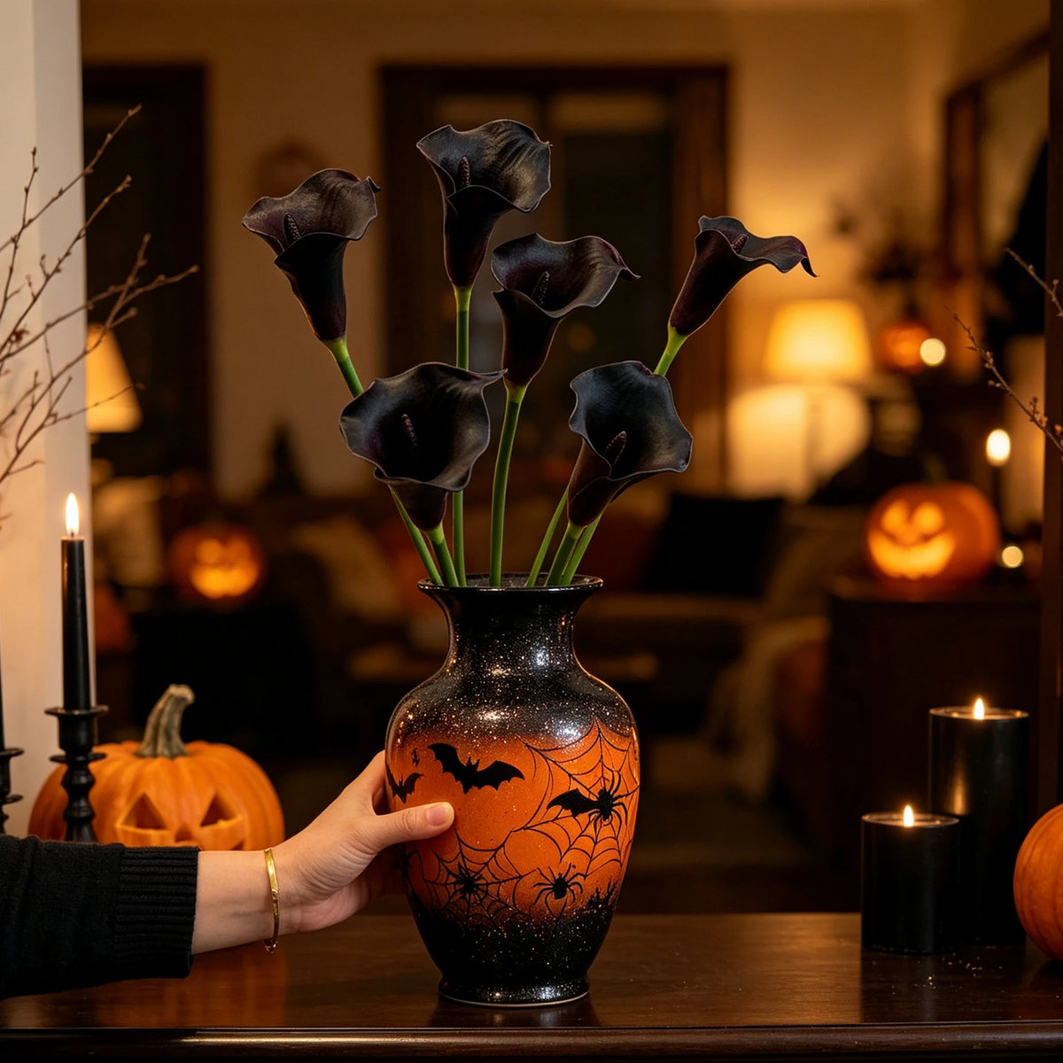 6er Set Calla Lilien Kunstblumen, 66cm Real Touch, Hochwertige Calla in Schwarz-Lila, für Gothic Deko, Halloween, Vase & elegante Arrangements
