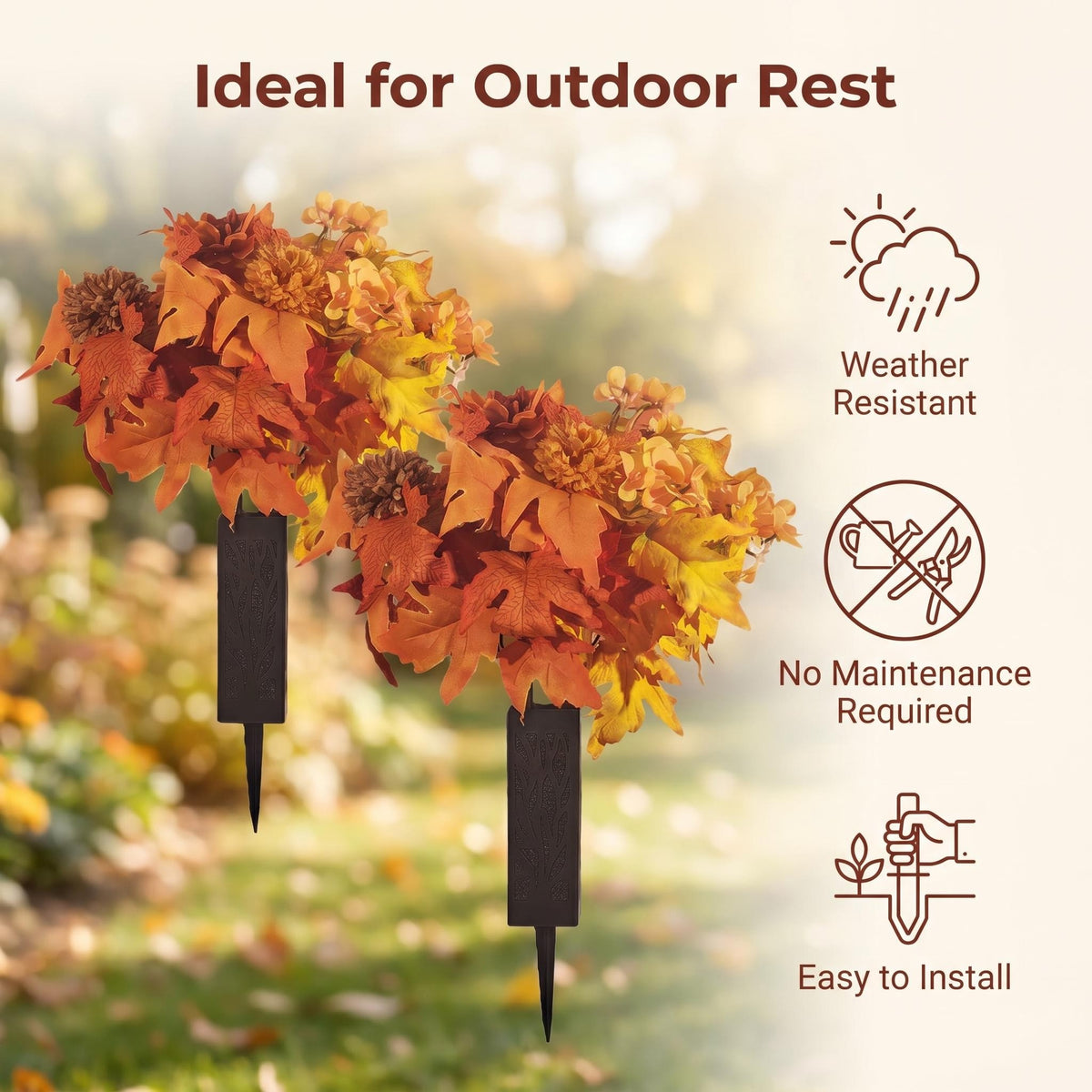 Grabgesteck Herbst 2er Set, Künstliche Friedhofsblumen mit 24 Blüten, Wetterfester Grabschmuck in Orange-Gelb, Premium Seidenblumen für Allerheiligen