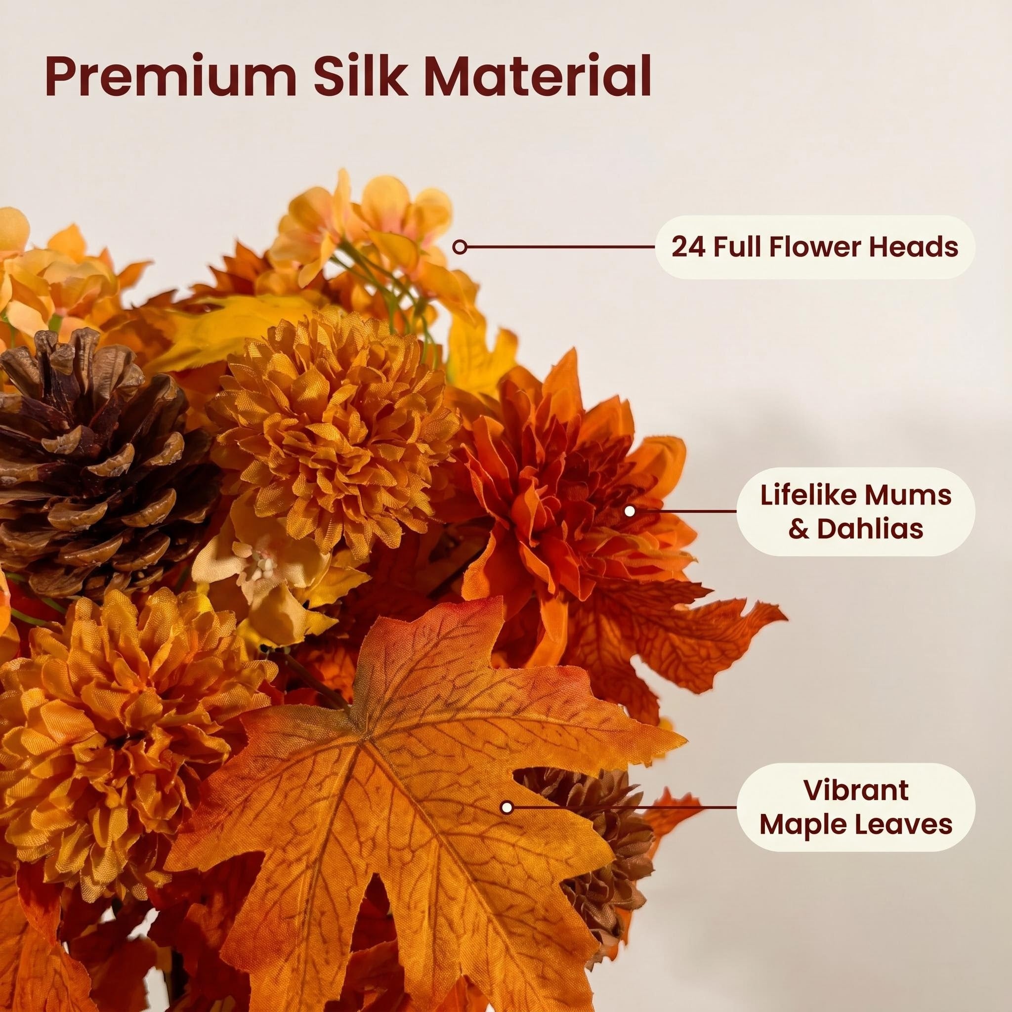 Grabgesteck Herbst 2er Set, Künstliche Friedhofsblumen mit 24 Blüten, Wetterfester Grabschmuck in Orange-Gelb, Premium Seidenblumen für Allerheiligen