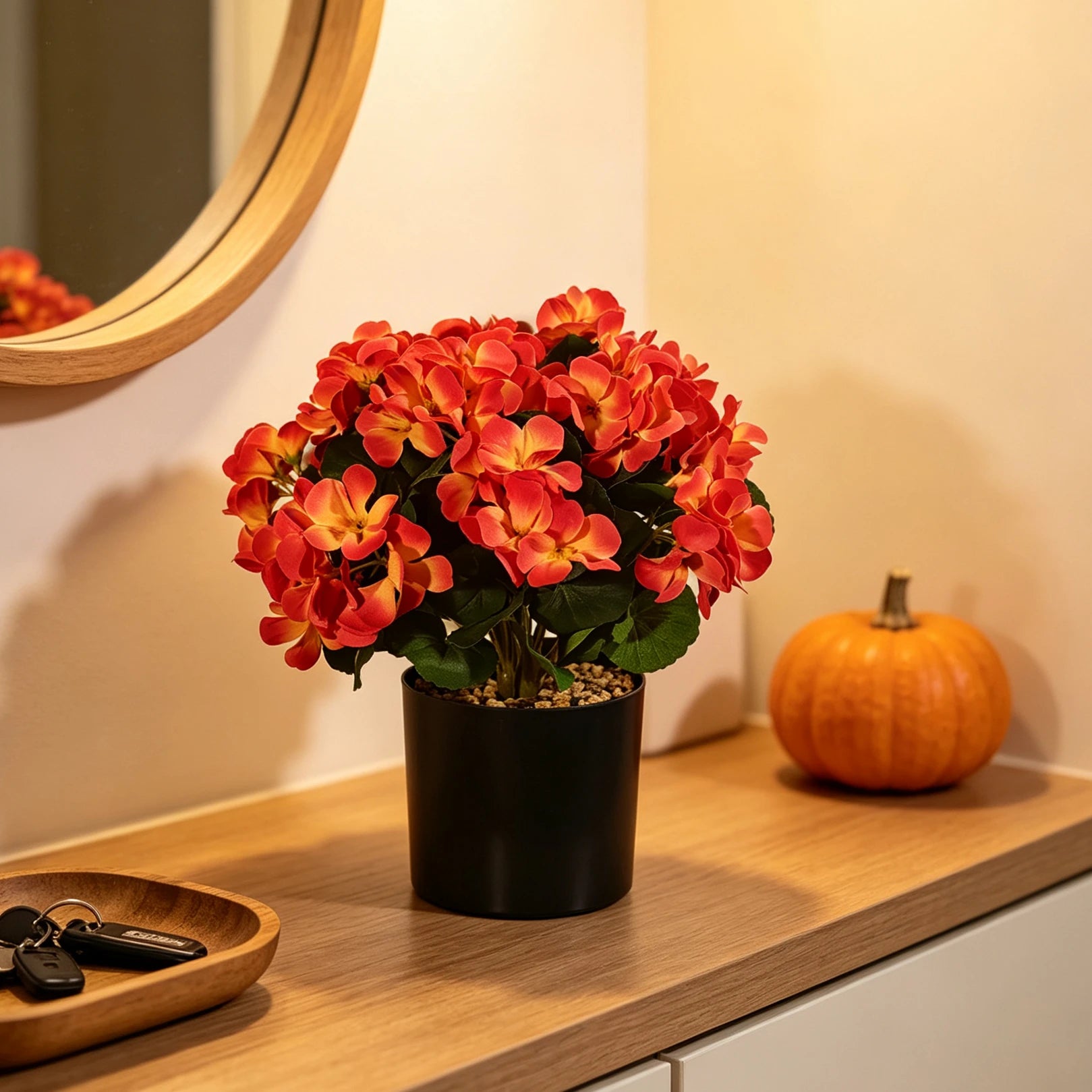 30cm Künstliche Geranie im Topf – Sonnenuntergang-Farben, Herbstdeko für Tisch, Kaminsims & Balkon