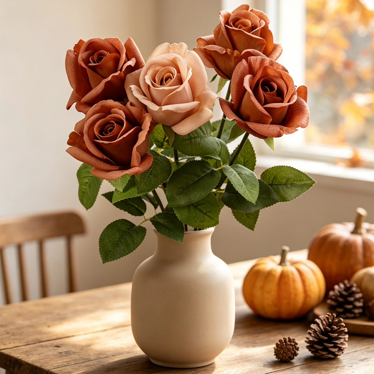 Kunstrosen 47 cm, Real Touch Rosenstiele in Vintage Kaffee & Latte, täuschend echte Deko-Blumen für Hochzeit, Gastronomie & Zuhause