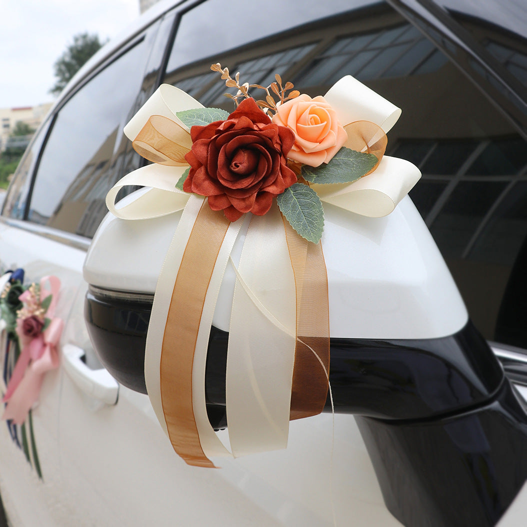 Autoschmuck Hochzeit 6er Set, Künstliche Rosen Gestecke (36 cm), Seidenblumen Deko für Autotür & Spiegel mit Saugnapf, Wiederverwendbare Hochzeitsdekoration