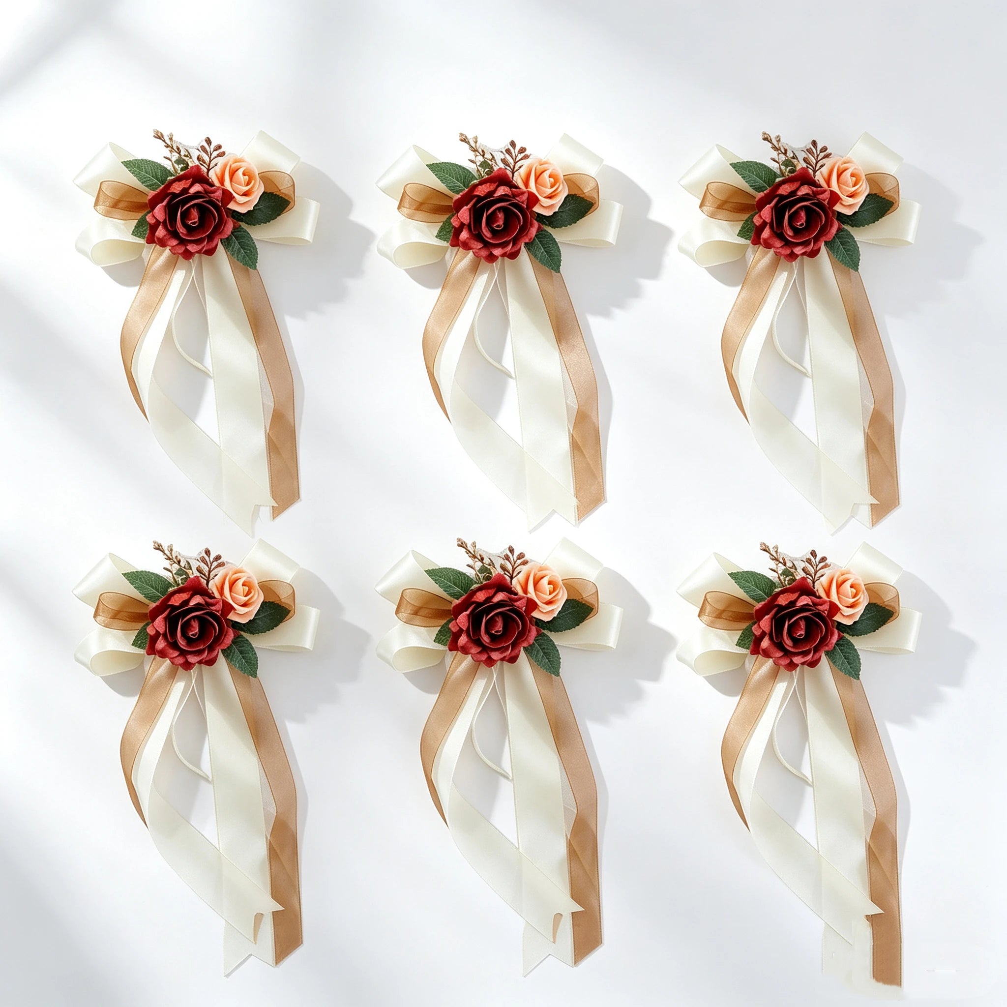 Autoschmuck Hochzeit 6er Set, Künstliche Rosen Gestecke (36 cm), Seidenblumen Deko für Autotür & Spiegel mit Saugnapf, Wiederverwendbare Hochzeitsdekoration