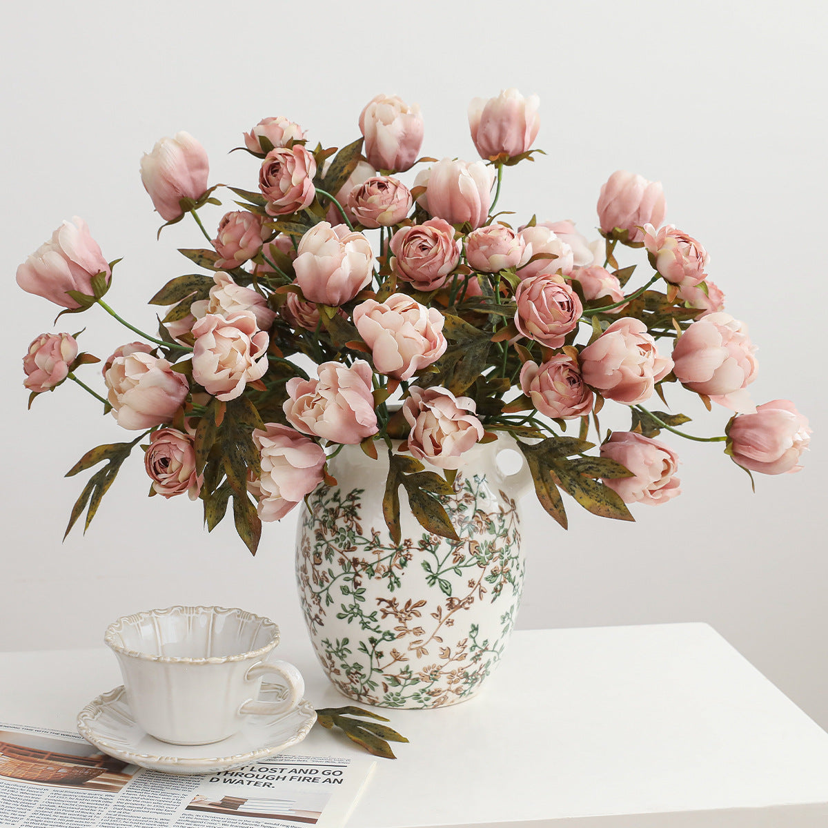 Pfingstrosen Zweig 45 cm, Kunstblume in Altrosa Vintage, Täuschend Echter Seidenblumen Stiel für Vase, Hochzeit & Deko, Herbst-Look