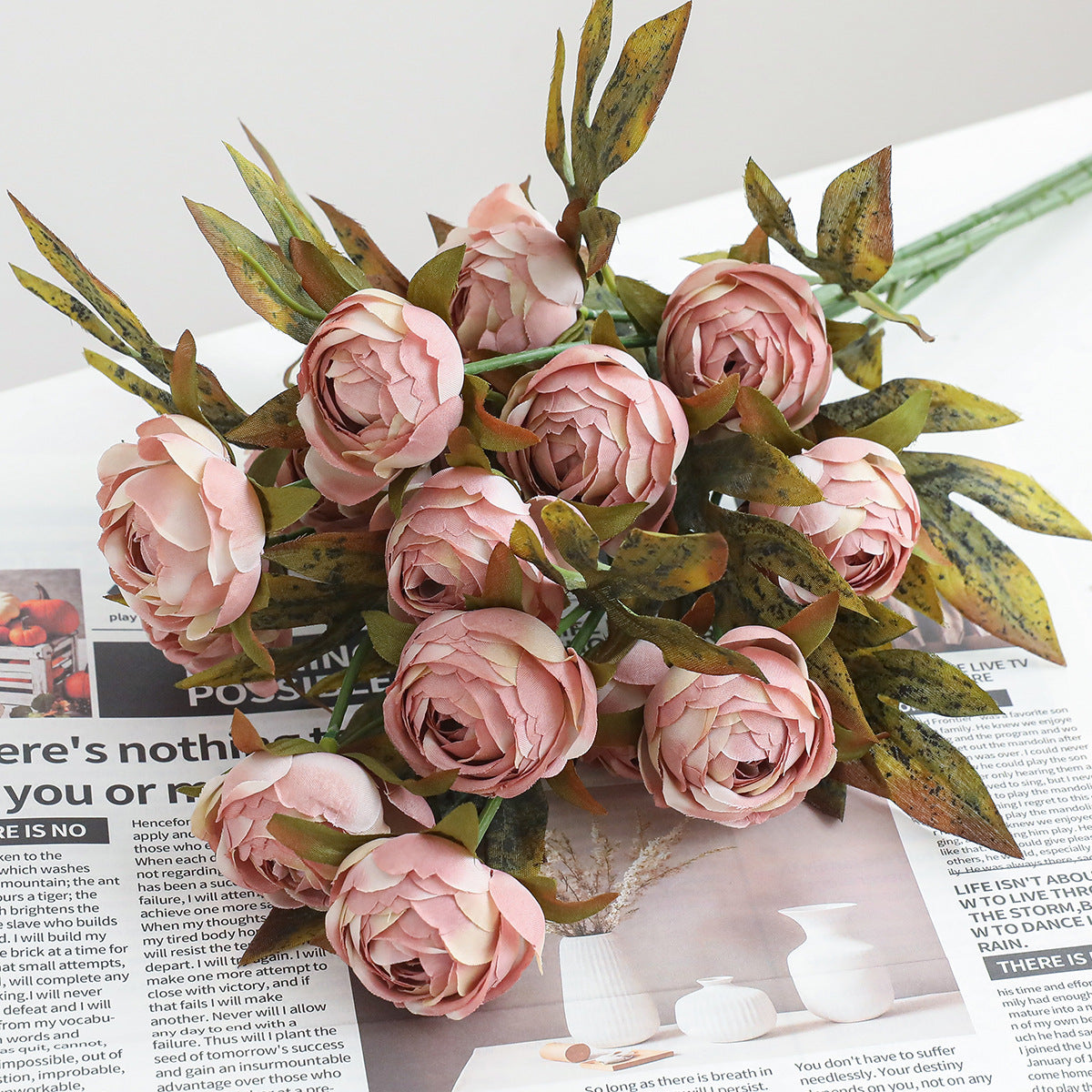 Pfingstrosen Zweig 45 cm, Kunstblume in Altrosa Vintage, Täuschend Echter Seidenblumen Stiel für Vase, Hochzeit & Deko, Herbst-Look