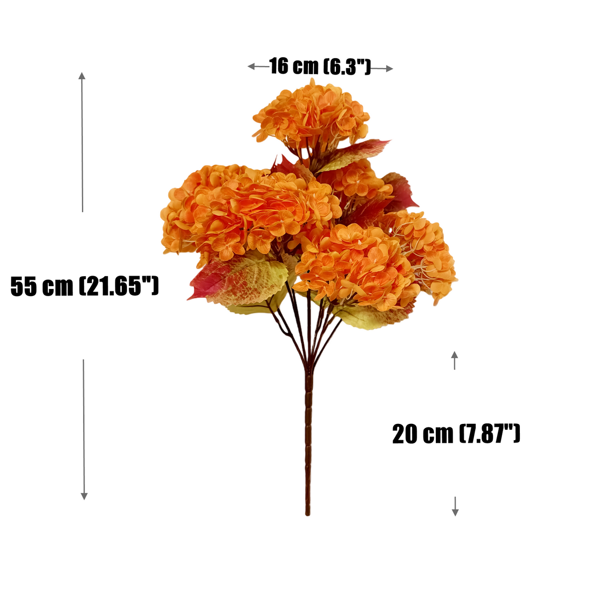Künstlicher Hortensienstrauß 55 cm in Herbst-Orange, 7 Real Touch Blütenköpfe, naturgetreue Kunstblumen für Deko, Hochzeit, Gastronomie