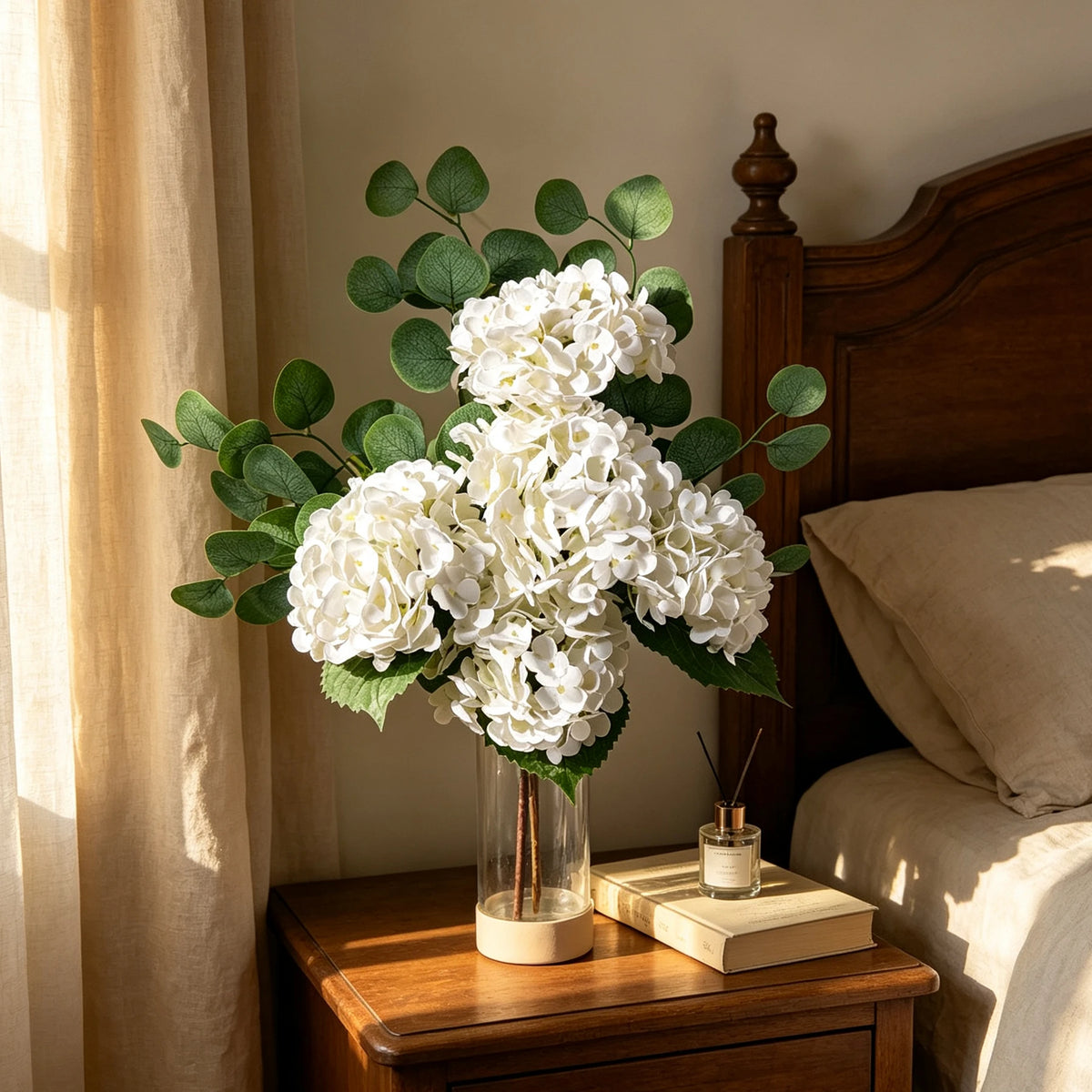 65cm Kunst-Hortensie & Eukalyptus Arrangement, realistische Seide, weiß, für Hochzeiten, Hausdekoration, Geschenke
