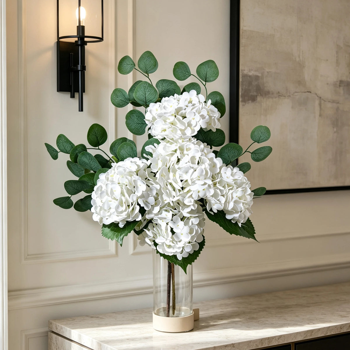 65cm Kunst-Hortensie & Eukalyptus Arrangement, realistische Seide, weiß, für Hochzeiten, Hausdekoration, Geschenke