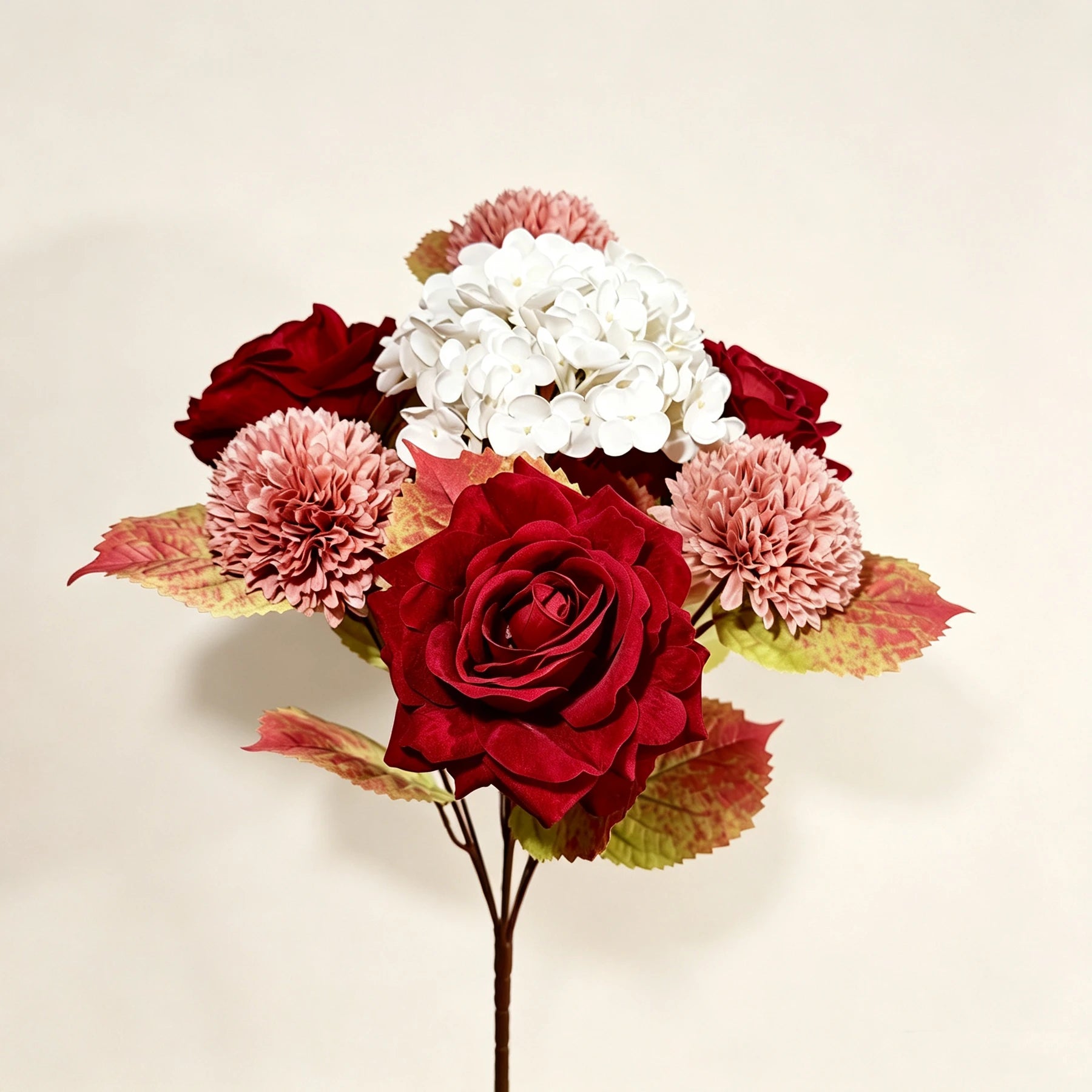 Kunstblumenstrauß Herbst 55 cm, Real-Touch Hortensie & Samt-Rosen Mix, Naturgetreue Deko für Vase, Hochzeit, Gastronomie, Bordeaux & Altrosa