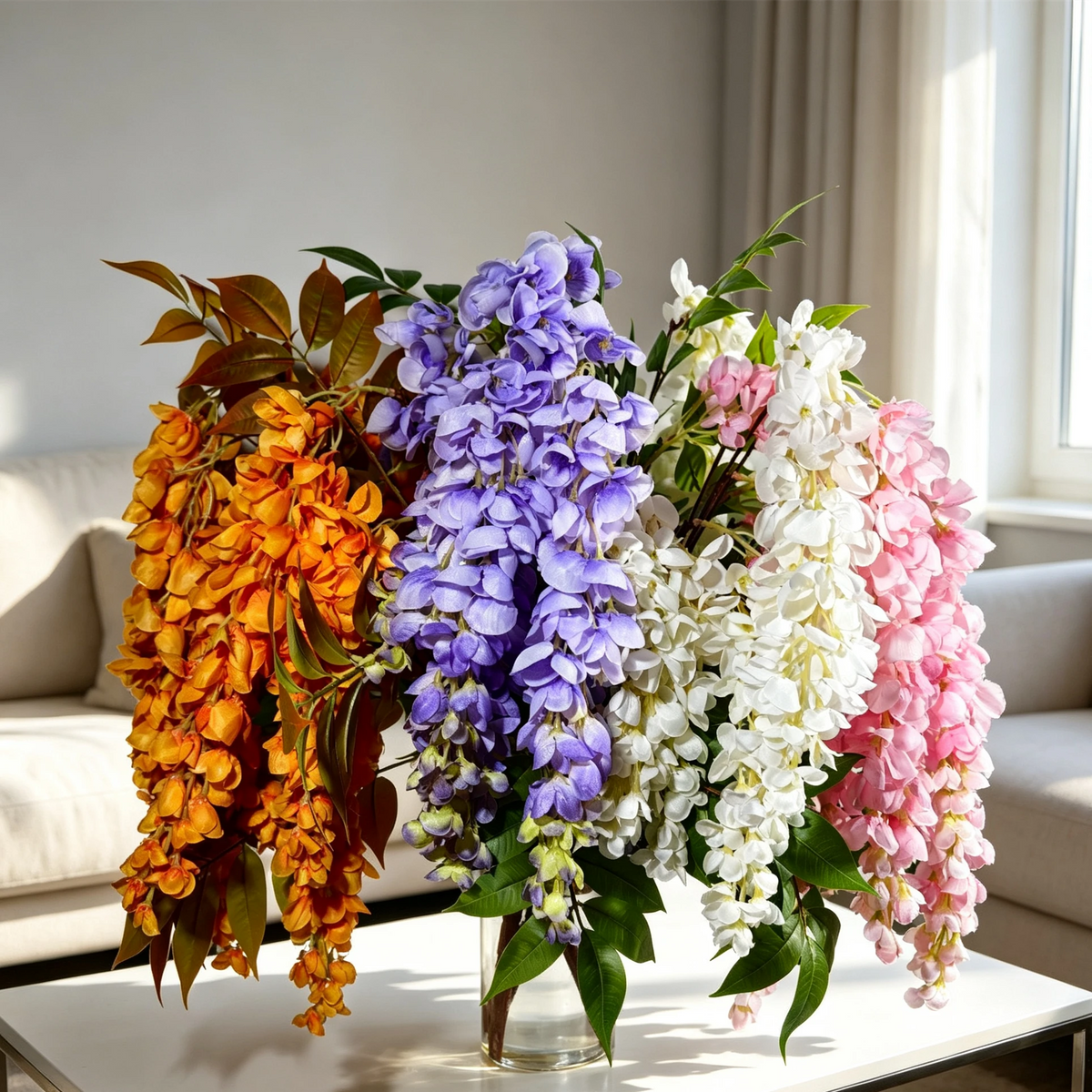 Künstlicher Blauregen Strauß 55cm, Hängende Seidenblumen in Premium-Qualität, Naturgetreue Kunstblumen für Deko, Hochzeit & Gastronomie