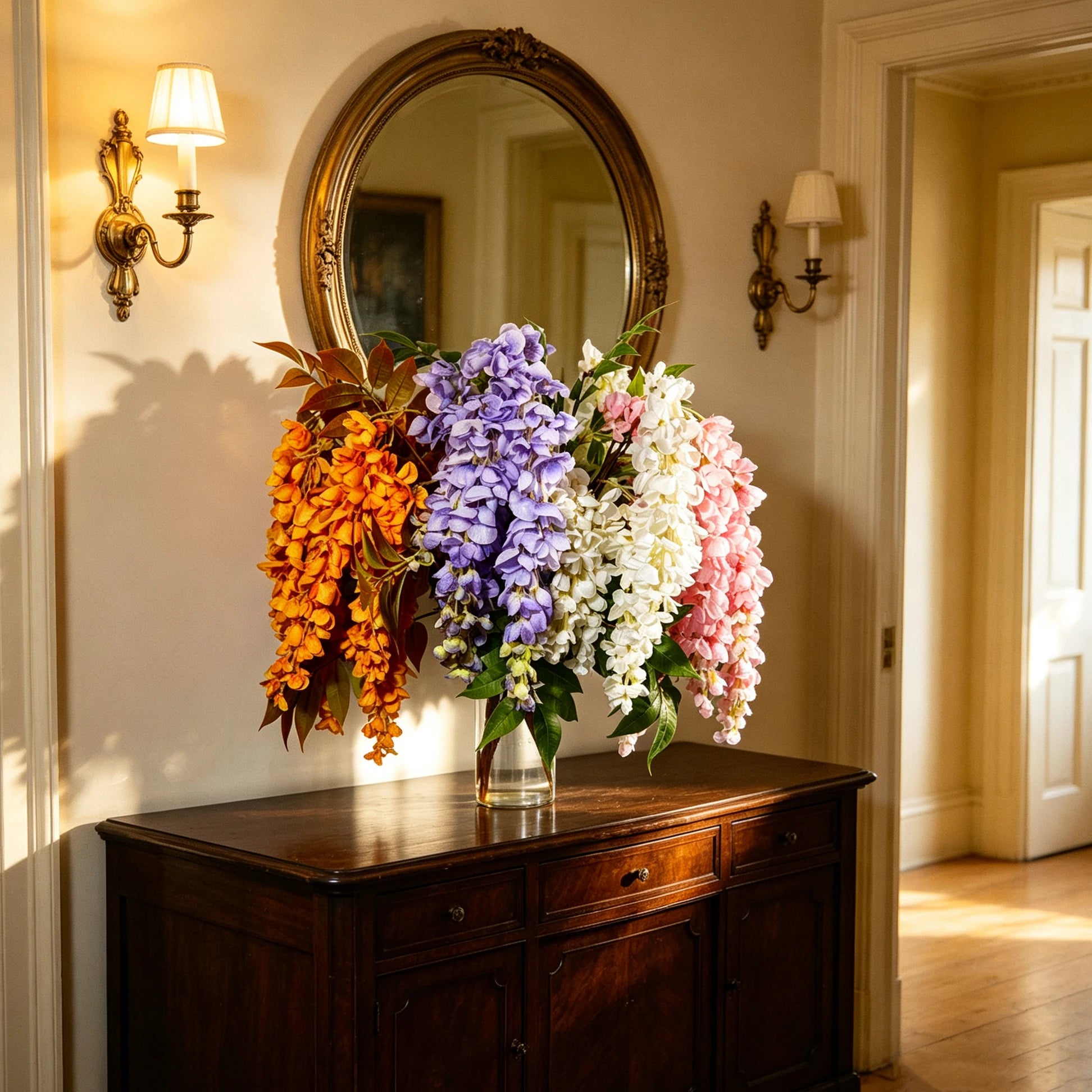 Künstlicher Blauregen Strauß 55cm, Hängende Seidenblumen in Premium-Qualität, Naturgetreue Kunstblumen für Deko, Hochzeit & Gastronomie