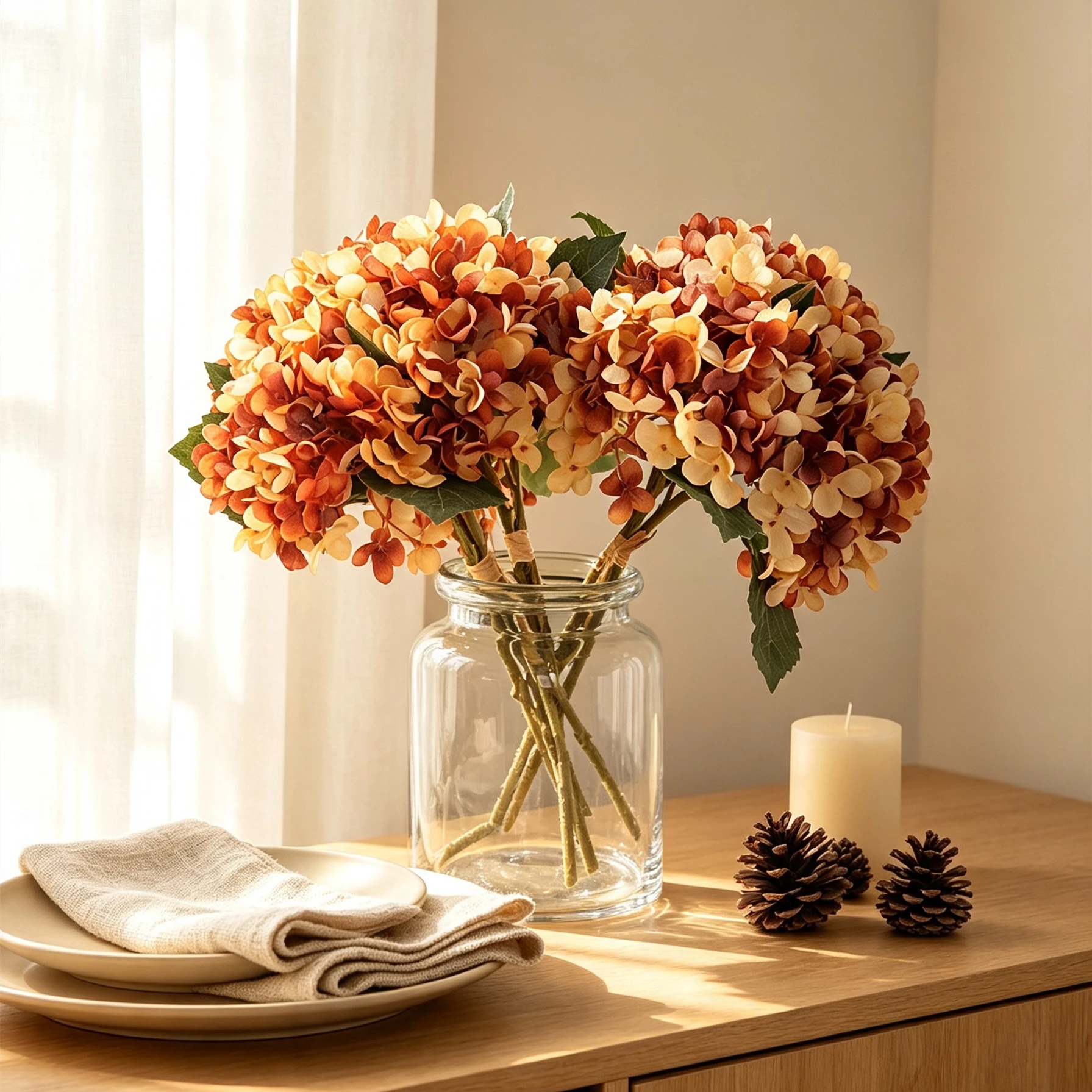 Hortensien Kunstblumen Strauß 33 cm | 3 Stiele | Realistische Herbst-Hortensie für Vase, Hochzeitsdeko & Floristik