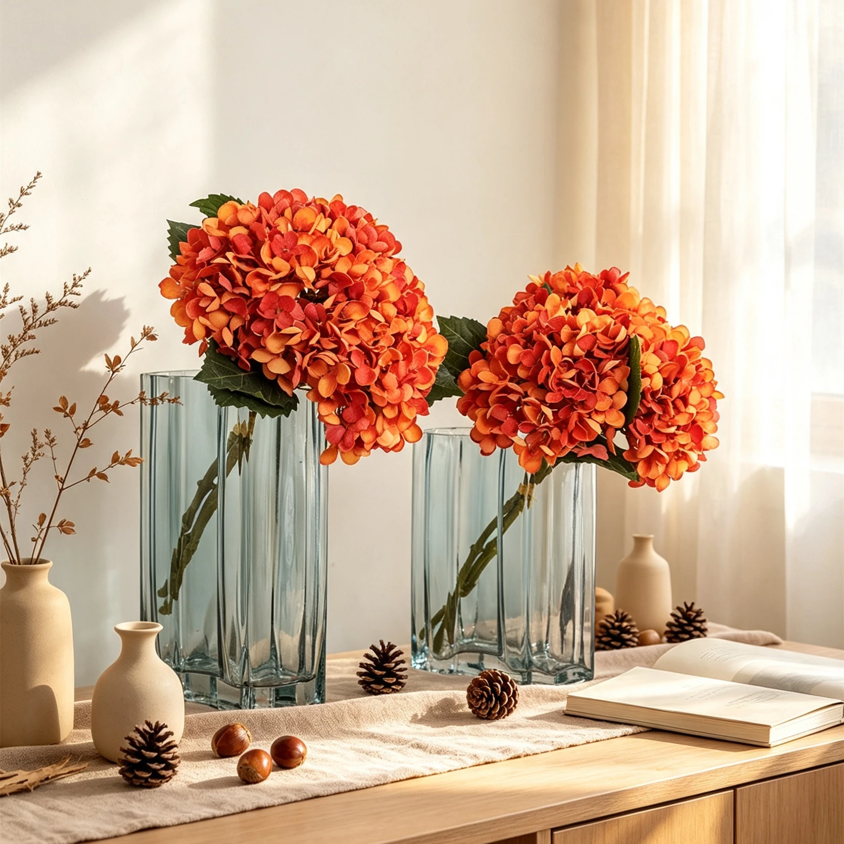 Hortensien Kunstblumen Strauß 33 cm | 3 Stiele | Realistische Herbst-Hortensie für Vase, Hochzeitsdeko & Floristik