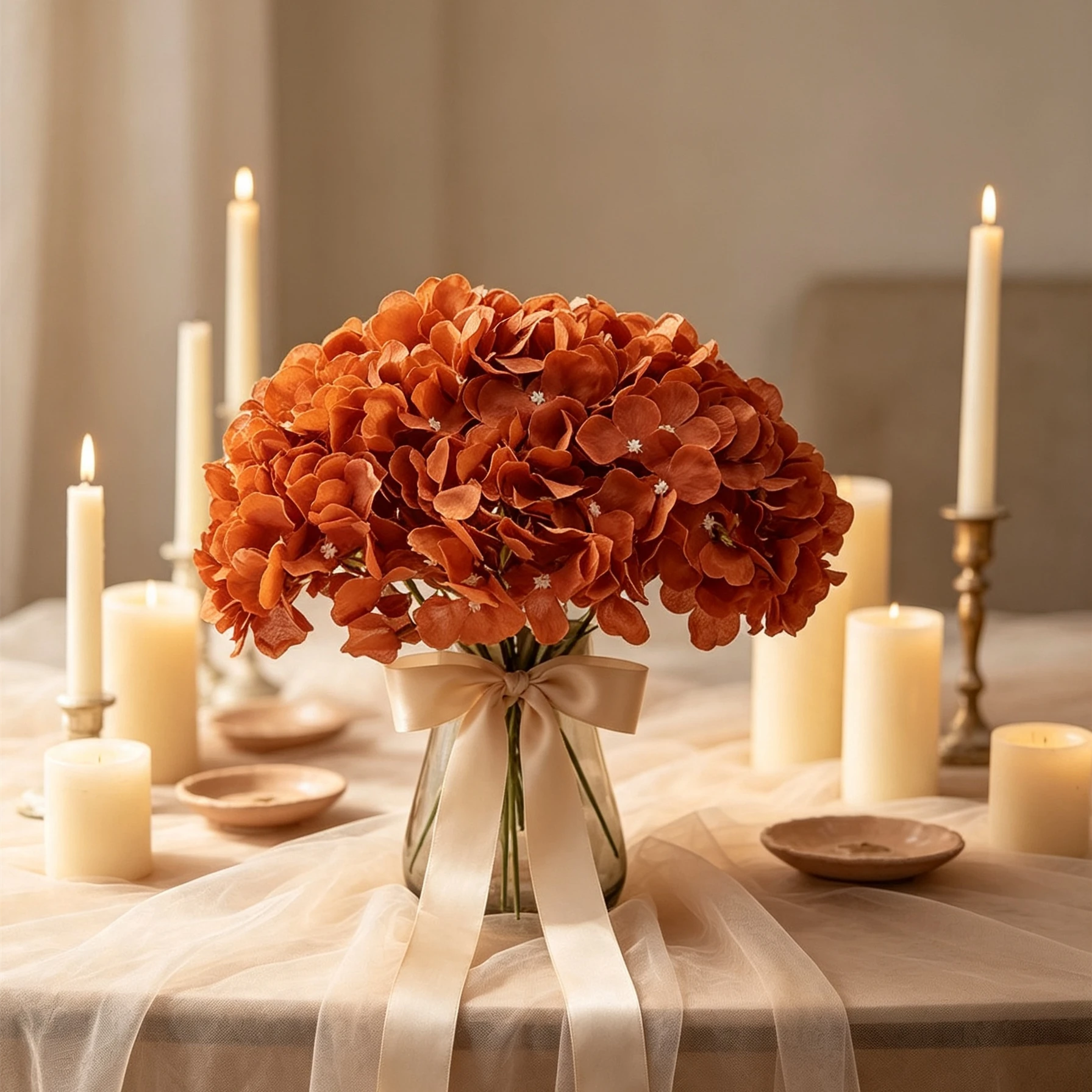 10 Stück Amber Karamell Hortensienblüten mit abnehmbaren Stielen, Seidenblumen für Hochzeitsdekoration, Sträuße, DIY Floral Dekor, Home Decor