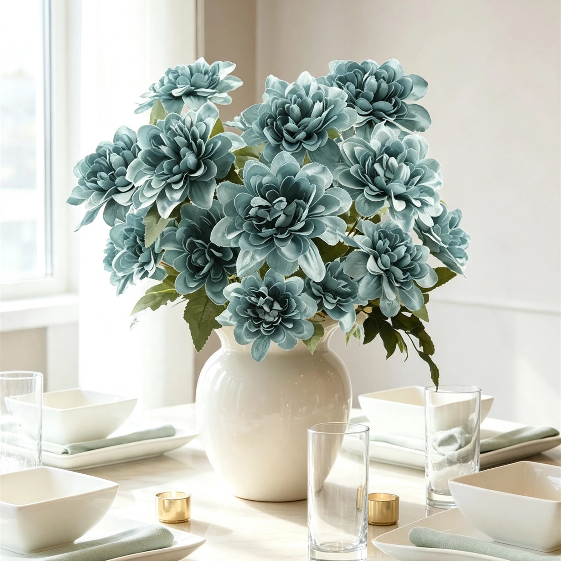 Dahlien Kunstblume 57cm, 3 Blütenköpfe (8,5cm), hochwertiger Seidenblumen-Stiel, täuschend echt für Vase, Hochzeit, Gestecke, Deko