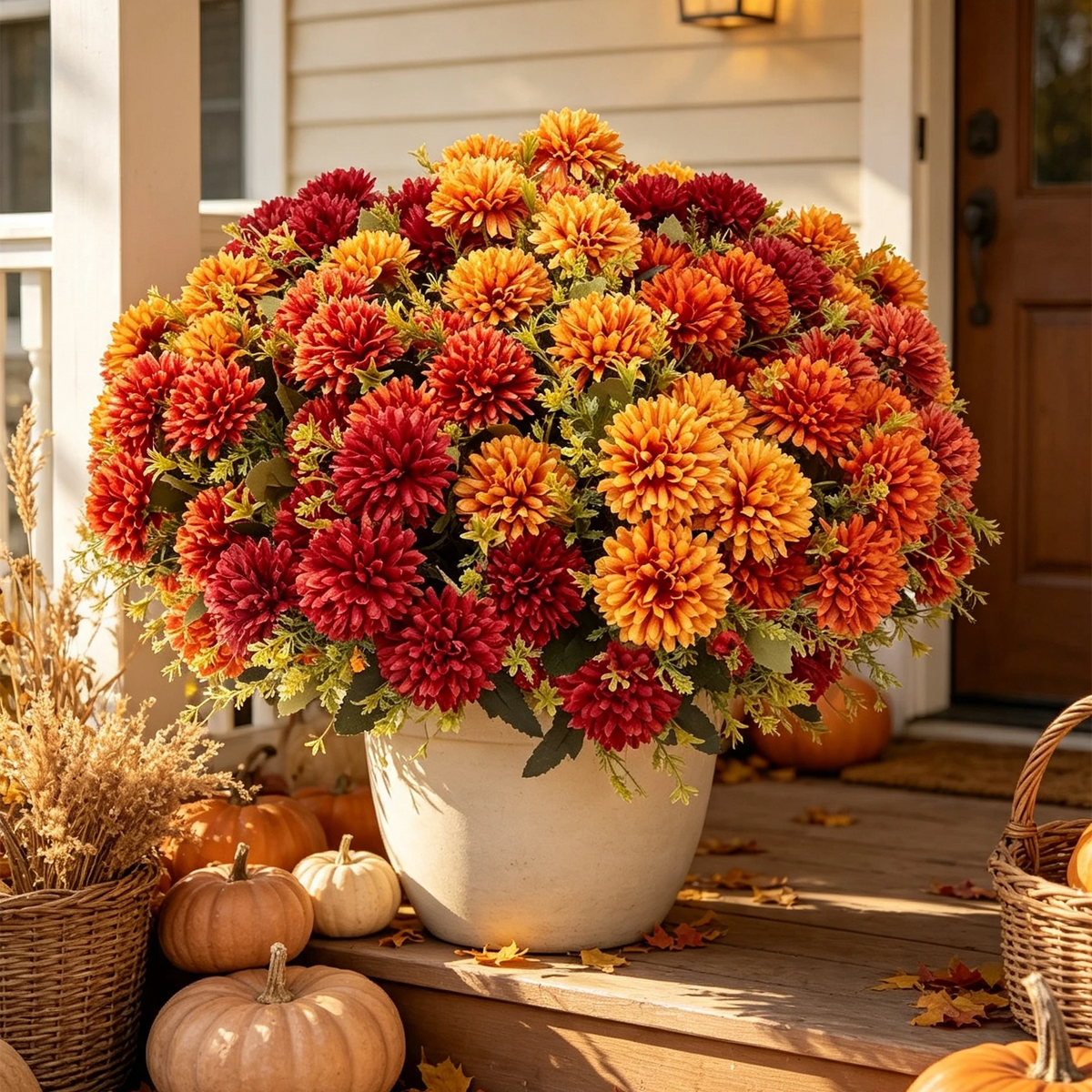 16 Stk. Künstliche Chrysanthemen 31cm, UV-beständige Herbstblumen, Täuschend echte Kunstblumen für Außenbereich, Grabschmuck, Balkon & Herbstdeko