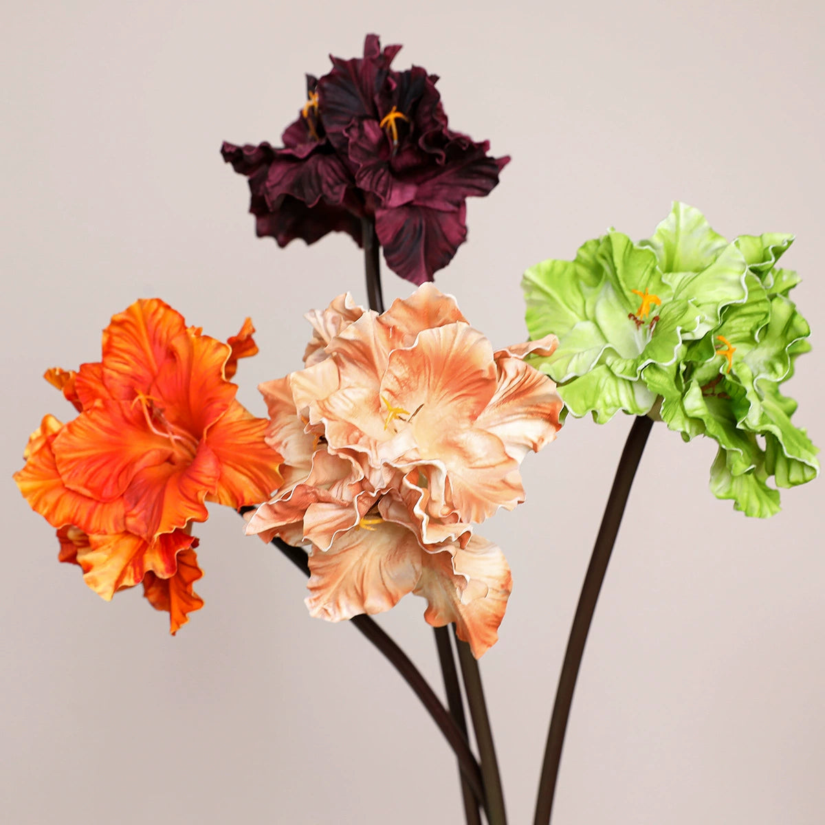 4-Kopf PU Kunstblumen, 70 cm, handgefertigt, realistisch, Farben: Grün, Lila, Braun, Orange – ideal für Hochzeiten, Cafés & Einzelhandel