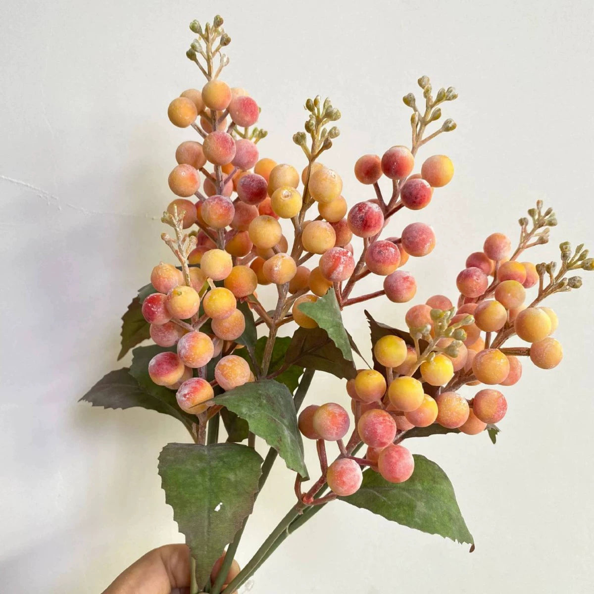 Künstliche Beerenzweige mit Blättern, 45cm, realistisch, grün, rot, orange, blau, weiß-lila, für Hochzeiten, Cafés, Innendekoration