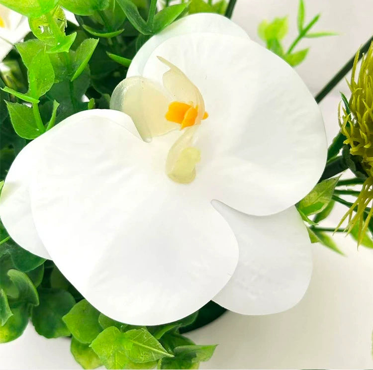 Kunstblumen Gesteck Phalaenopsis Orchidee, 20cm, Weiß | Realistische Kunstpflanze mit Eukalyptus im Topf, Langlebige Tischdeko für Zuhause, Büro, Hochzeit