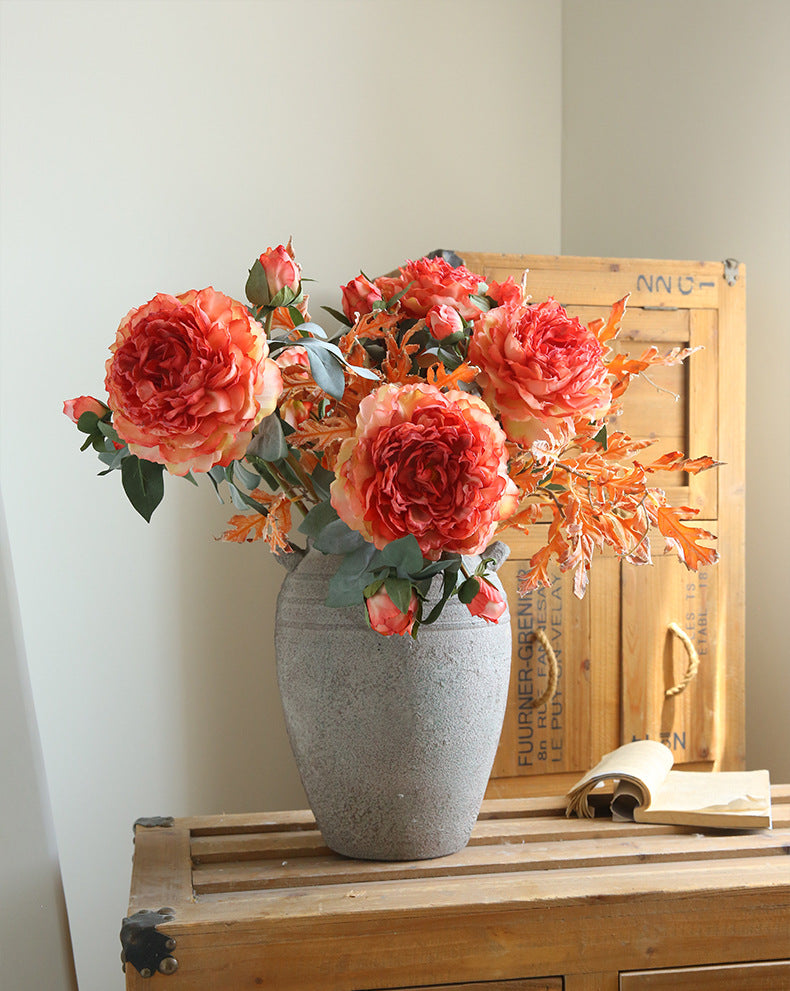 Künstliche Pfingstrose Groß 55 cm, Real-Touch Kunstblume mit geflammtem Rand, Vintage Deko für Vase, Hochzeit, Tischdeko, Floristik