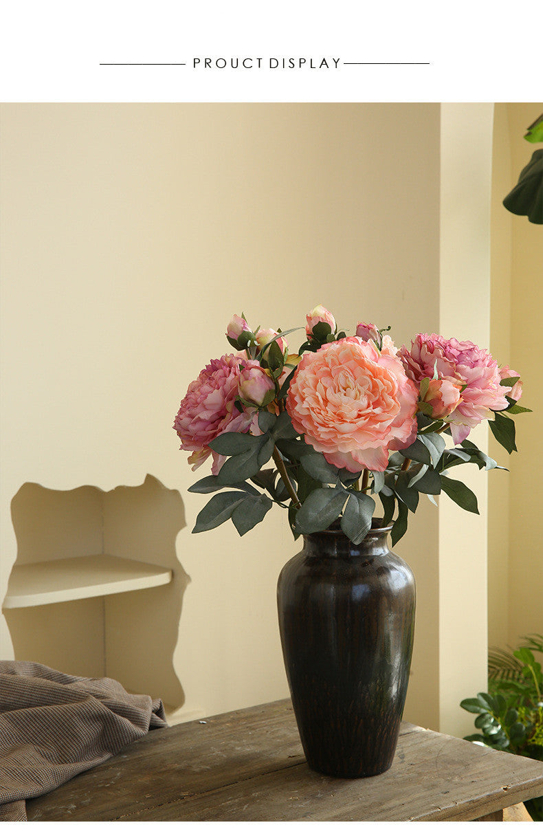 Künstliche Pfingstrose Groß 55 cm, Real-Touch Kunstblume mit geflammtem Rand, Vintage Deko für Vase, Hochzeit, Tischdeko, Floristik