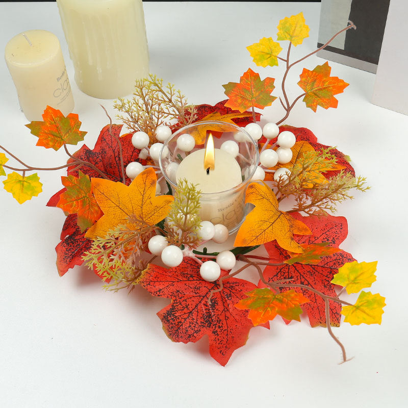 Kerzenkranz Herbst Ø 35 cm, Naturgetreuer Tischkranz mit Ahornblättern & Kürbissen, Herbstdeko für Tisch & Kerzenhalter, Erntedank & Halloween