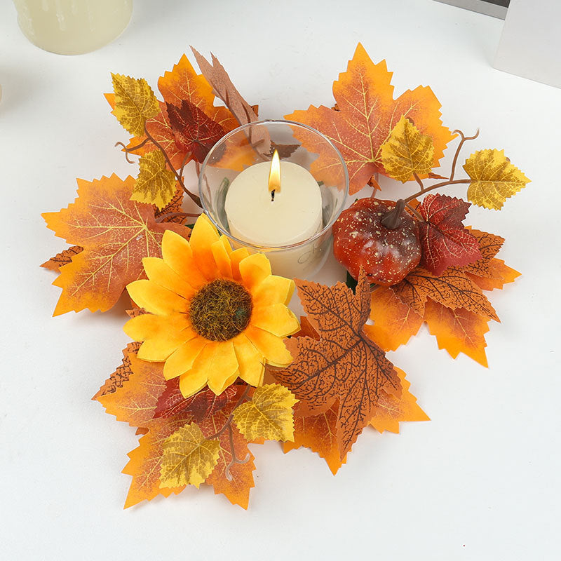 Kerzenkranz Herbst Ø 35 cm, Naturgetreuer Tischkranz mit Ahornblättern & Kürbissen, Herbstdeko für Tisch & Kerzenhalter, Erntedank & Halloween