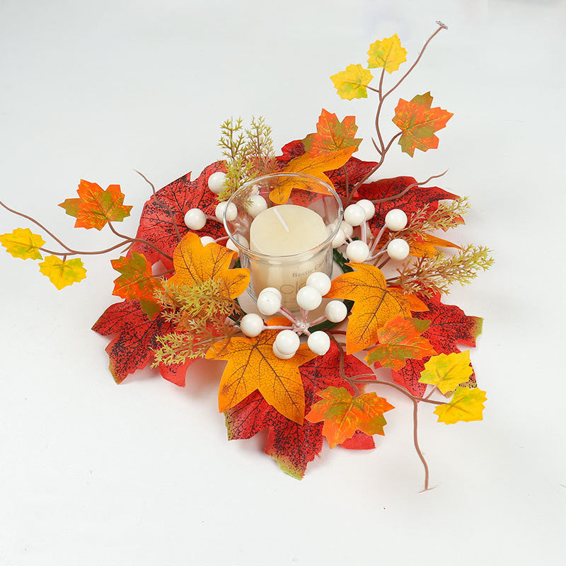 Kerzenkranz Herbst Ø 35 cm, Naturgetreuer Tischkranz mit Ahornblättern & Kürbissen, Herbstdeko für Tisch & Kerzenhalter, Erntedank & Halloween