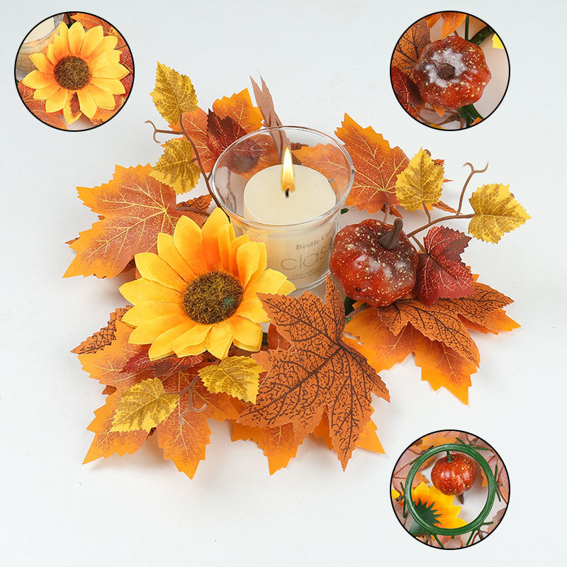 Kerzenkranz Herbst Ø 35 cm, Naturgetreuer Tischkranz mit Ahornblättern & Kürbissen, Herbstdeko für Tisch & Kerzenhalter, Erntedank & Halloween