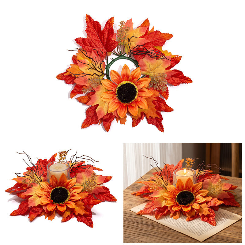Künstlicher Kerzenhalter Kranz mit roten Ahornblättern, 34 cm, ideal für Hochzeiten, Herbstdekoration, Cafés, Hotels