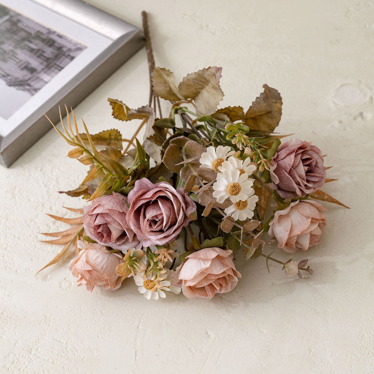 6 Kopf Kunstrosen Bouquet 33 cm, realistische Optik, ideal für Hochzeiten, Wohnraumdekoration, Cafés und Geschäfte