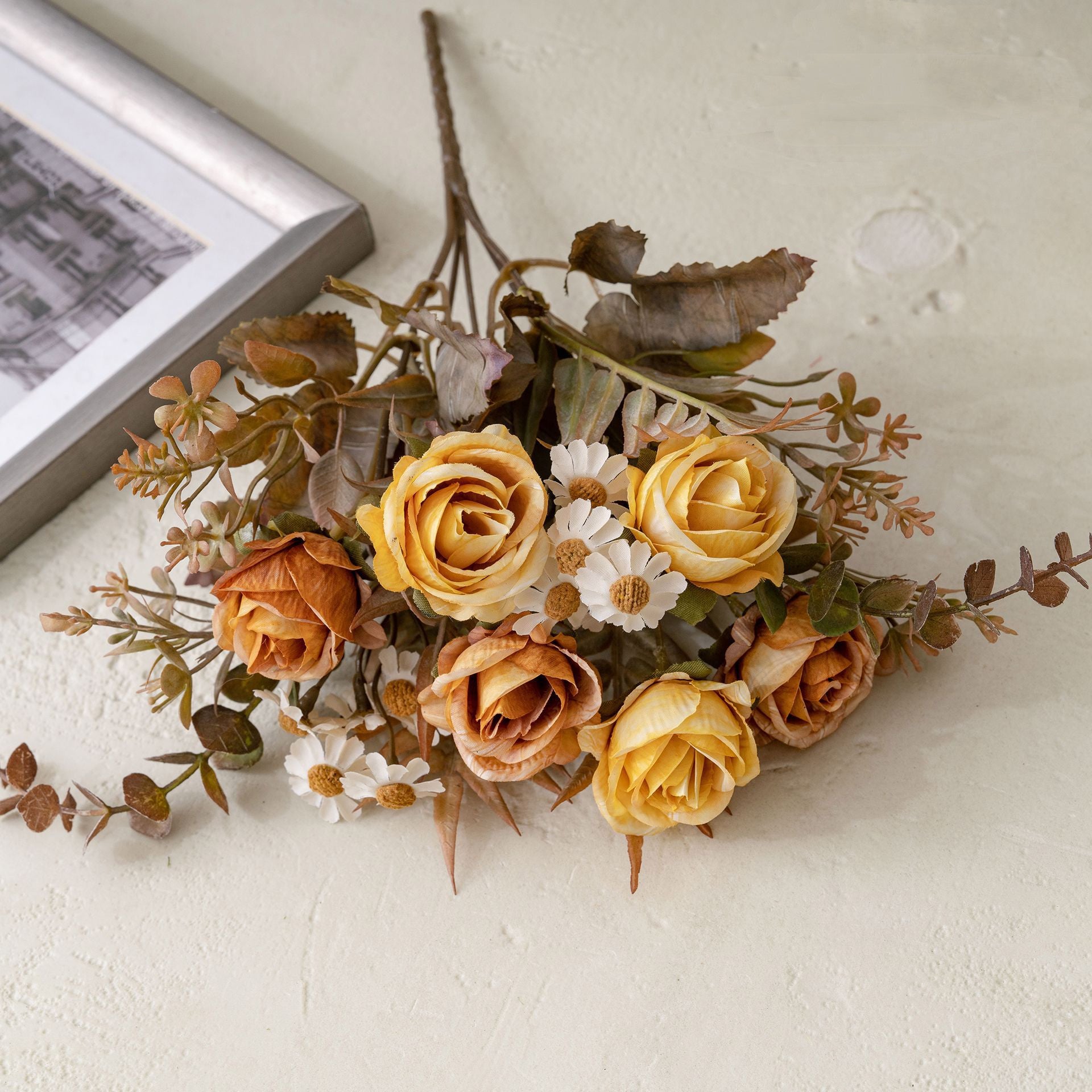 6 Kopf Kunstrosen Bouquet 33 cm, realistische Optik, ideal für Hochzeiten, Wohnraumdekoration, Cafés und Geschäfte