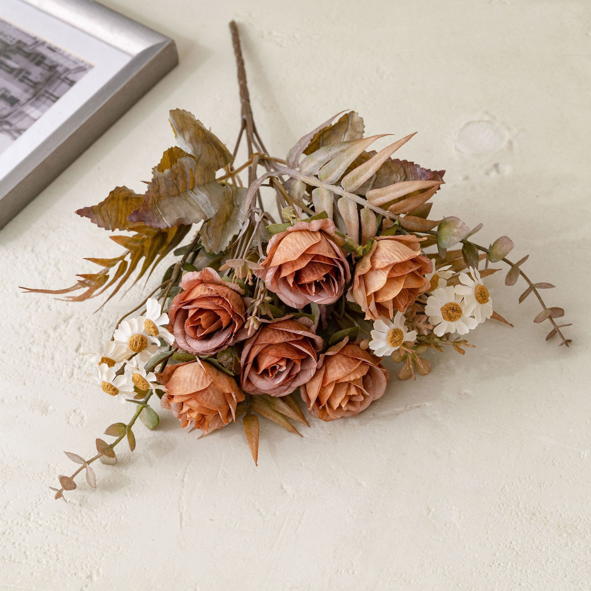 6 Kopf Kunstrosen Bouquet 33 cm, realistische Optik, ideal für Hochzeiten, Wohnraumdekoration, Cafés und Geschäfte