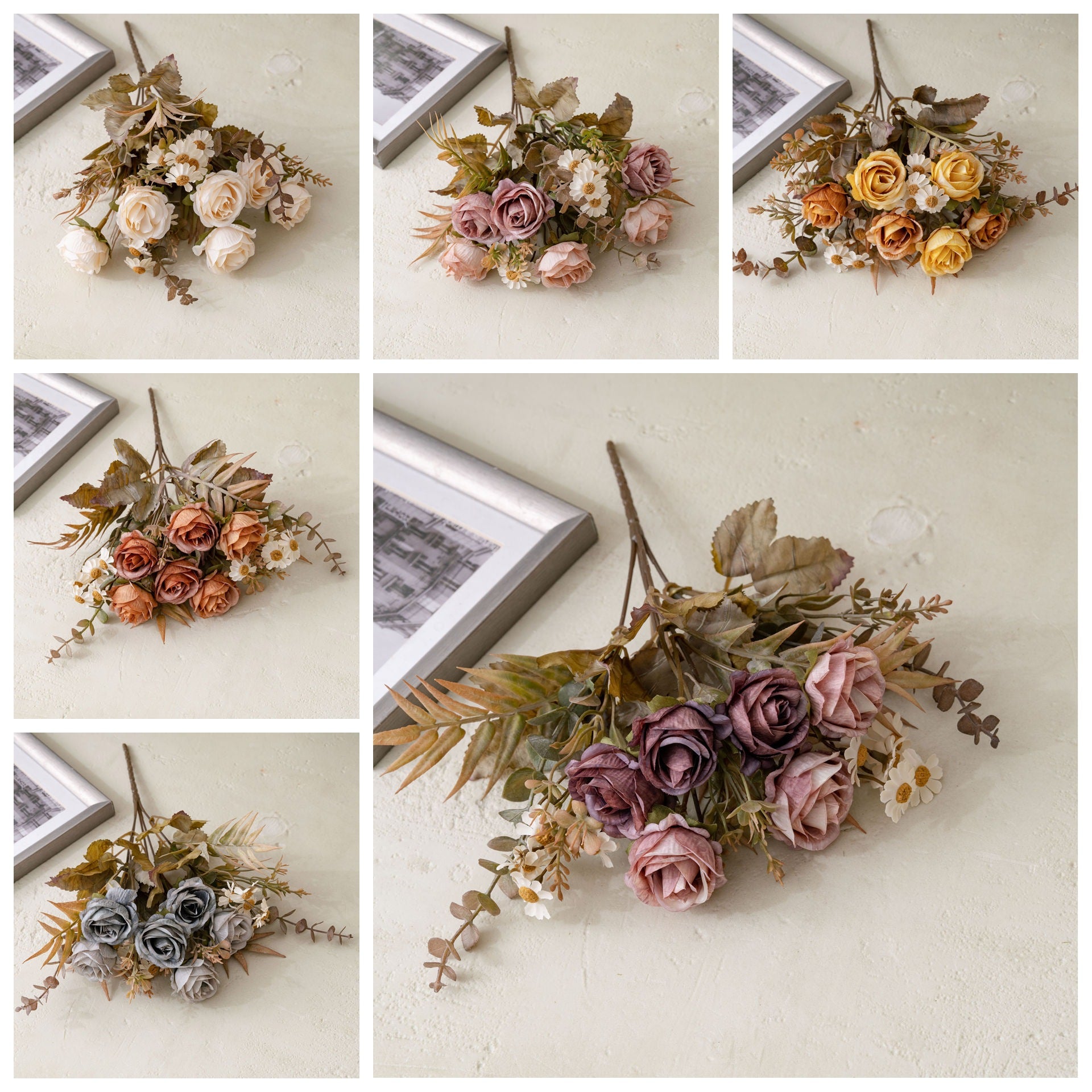 6 Kopf Kunstrosen Bouquet 33 cm, realistische Optik, ideal für Hochzeiten, Wohnraumdekoration, Cafés und Geschäfte