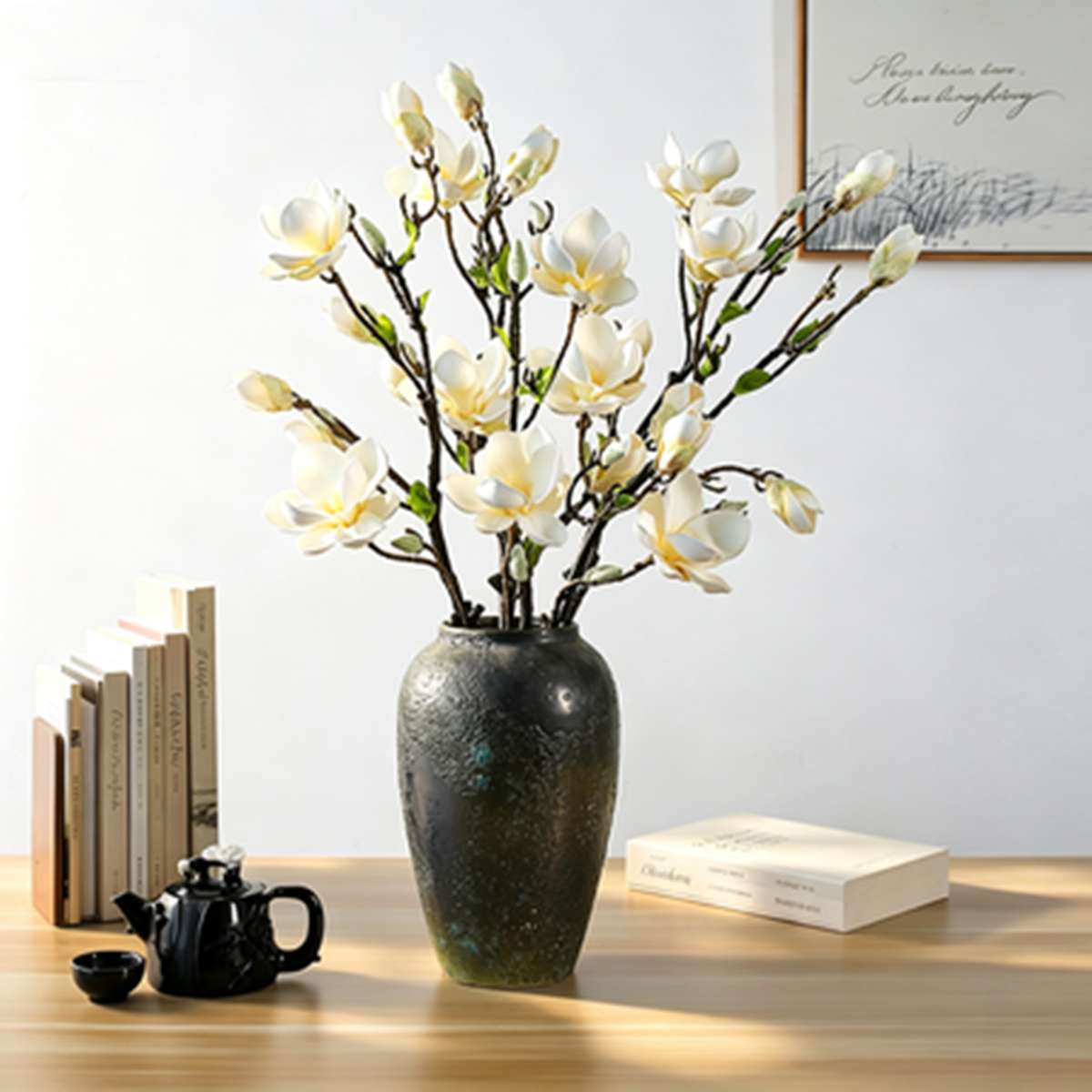 Magnolienzweig künstlich 82 cm, täuschend echte Kunstblume mit Real-Touch-Haptik, langstieliger Dekozweig für hohe Vasen, Hochzeit, Gastronomie
