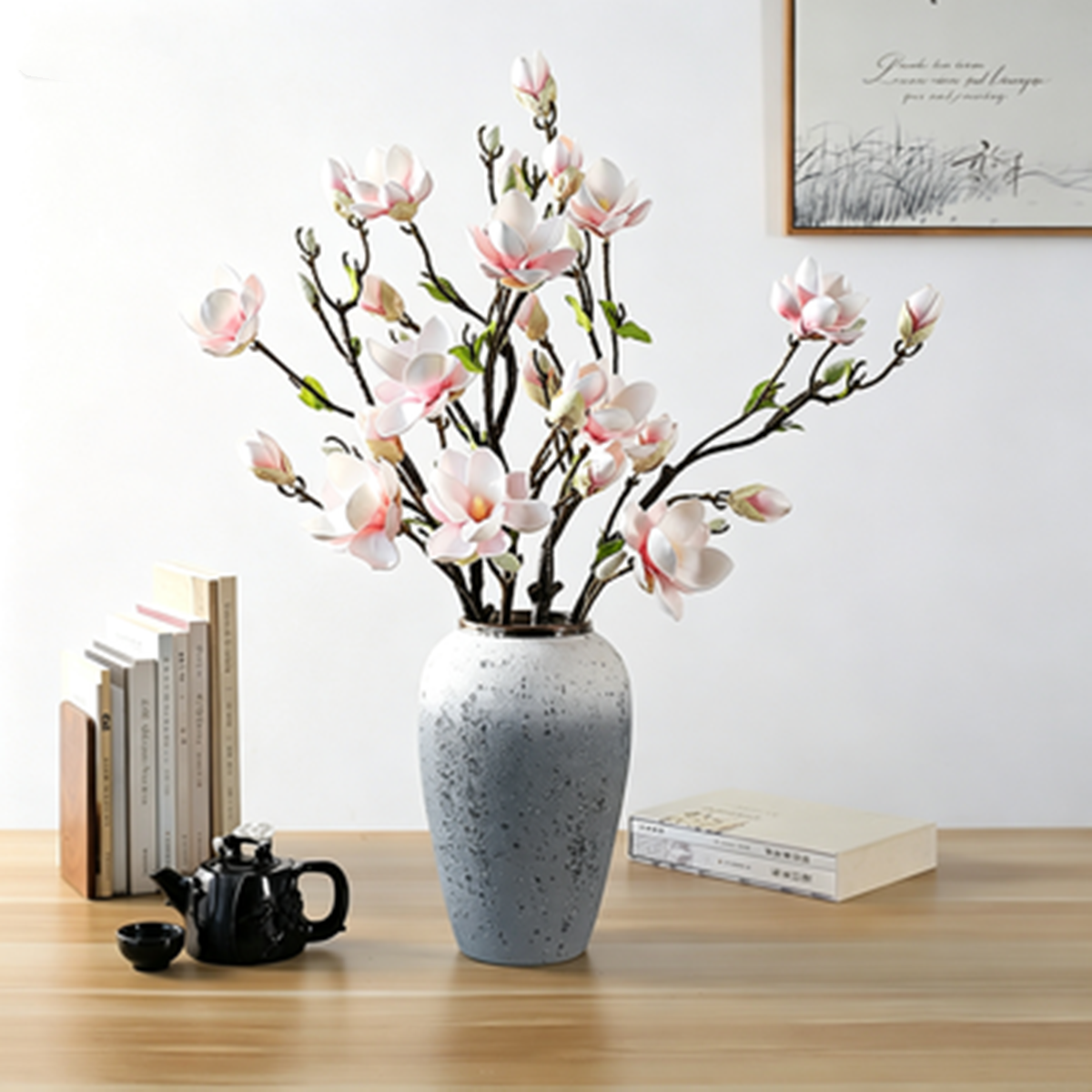 Magnolienzweig künstlich 82 cm, täuschend echte Kunstblume mit Real-Touch-Haptik, langstieliger Dekozweig für hohe Vasen, Hochzeit, Gastronomie