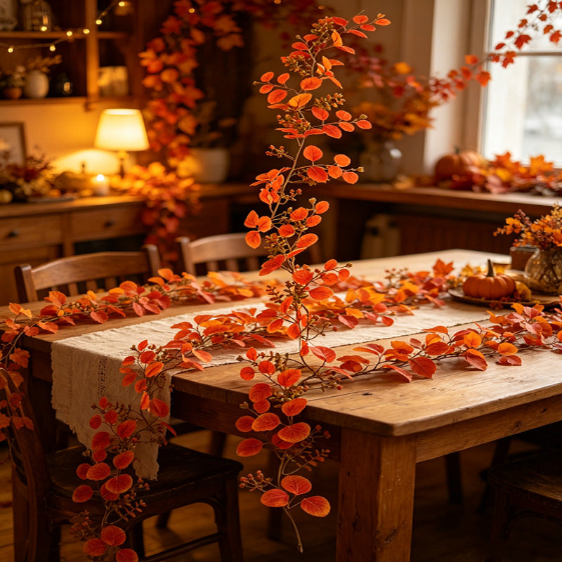 Künstliche Eukalyptusgirlande Herbst, 180cm Täuschend Echte Deko-Rebe in Herbstfarben, Langlebige Tischdeko für Erntedank, Hochzeit, Kamin