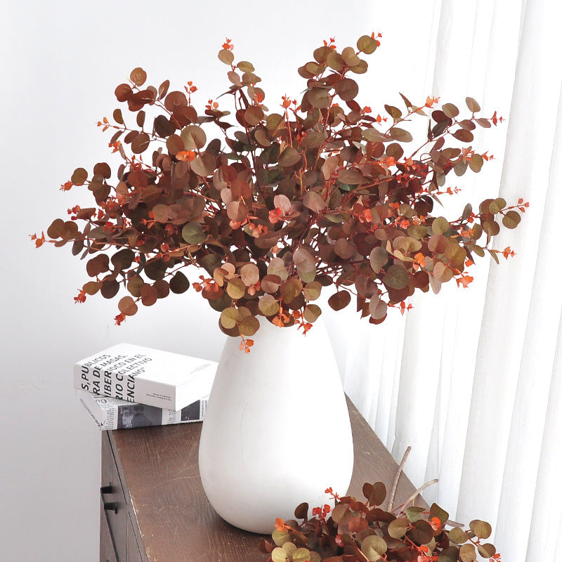 Künstliche Eukalyptus Zweige 3er Set, 75cm lang, Naturgetreue Kunstpflanze in Herbstfarben Weinrot, Deko für Vase, Hochzeit, Floristik & Zuhause