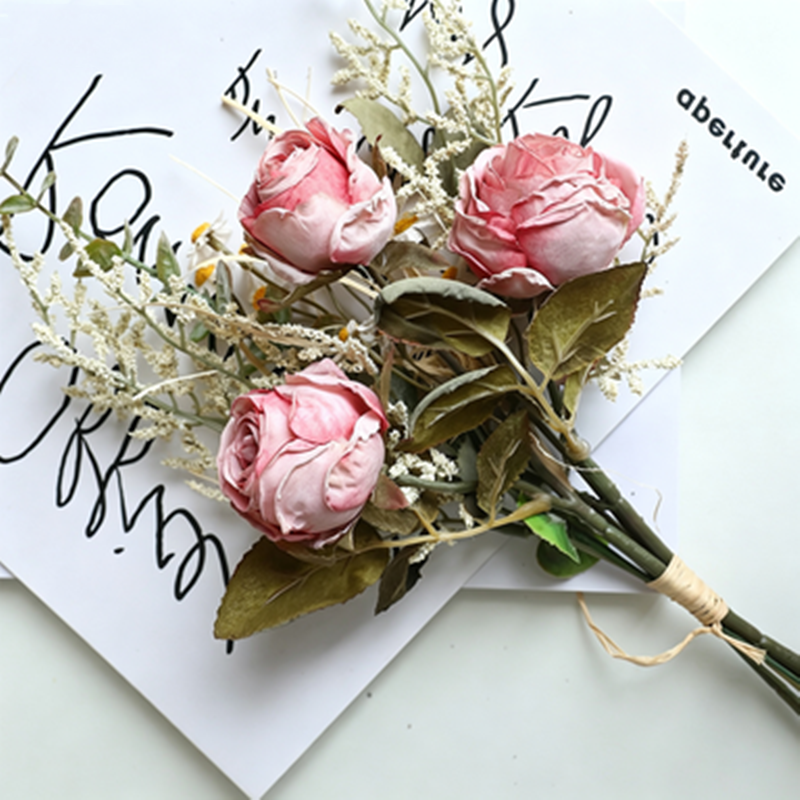 Kunstblumen Strauß Herbst, 36 cm, Rose mit gebrannter Optik & Chrysantheme, Realistische Seidenblumen für Vase, Tischdeko, Hochzeit, Vintage Deko