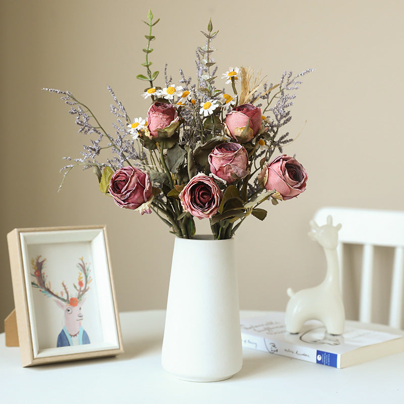 Kunstblumen Strauß Herbst, 36 cm, Rose mit gebrannter Optik & Chrysantheme, Realistische Seidenblumen für Vase, Tischdeko, Hochzeit, Vintage Deko