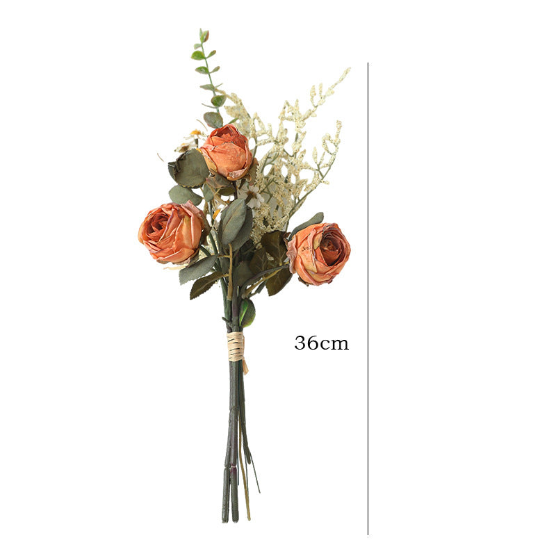Kunstblumen Strauß Herbst, 36 cm, Rose mit gebrannter Optik & Chrysantheme, Realistische Seidenblumen für Vase, Tischdeko, Hochzeit, Vintage Deko