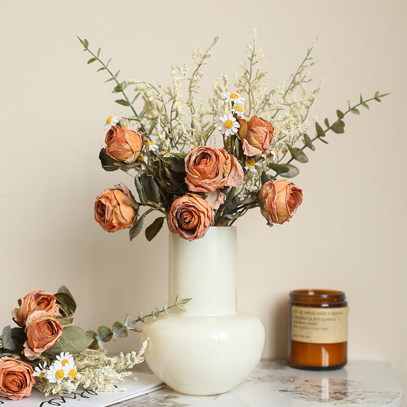 Kunstblumen Strauß Herbst, 36 cm, Rose mit gebrannter Optik & Chrysantheme, Realistische Seidenblumen für Vase, Tischdeko, Hochzeit, Vintage Deko