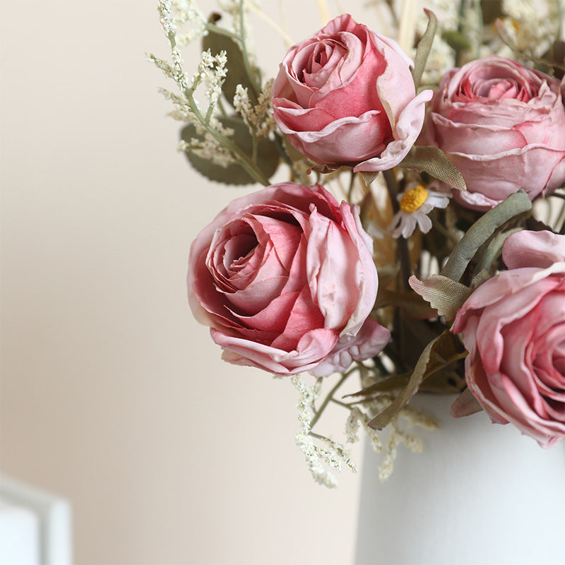 Kunstblumen Strauß Herbst, 36 cm, Rose mit gebrannter Optik & Chrysantheme, Realistische Seidenblumen für Vase, Tischdeko, Hochzeit, Vintage Deko